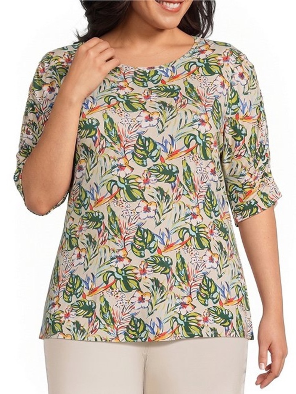 intro. Cream Tropical Floral Elbo Sleeve Scoop neck plus size 2X NWT